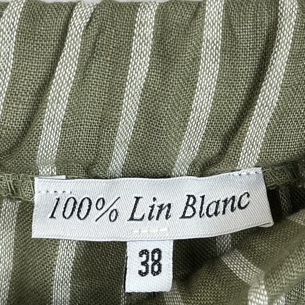100% Lin Blanc Drawstring Linen Trousers Women's 38 Olive Green & White Striped - Picture 6 of 11